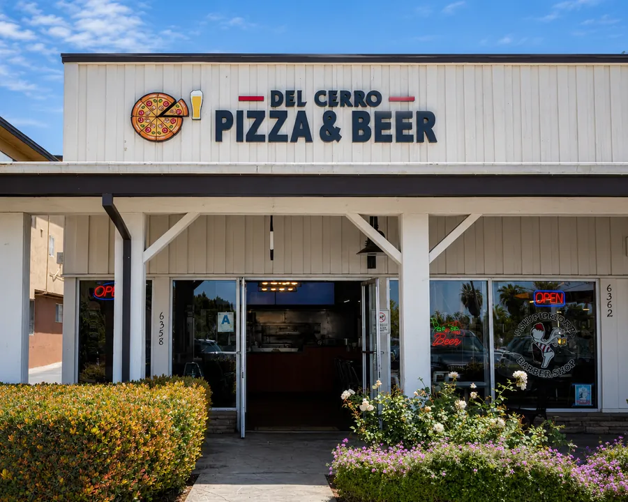 The Del Cerro Pizza & Beer storefront on Del Cerro Blvd